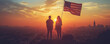 Group of people in silhouette holding the American flag high against a vibrant sunset sky, 
Silhouettes Holding US Flag at Sunset , USA independence day concept ,
 Daylight savings time