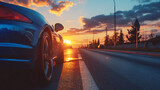 Fototapeta  - A blue car on the road at sunset