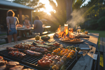 Wall Mural - Table with barbecue with meat on it and grilled vegetables with people in background ai generated art.