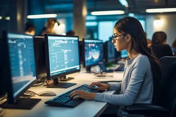 Focused woman software developer in process of creation of functional applications. Focused woman types codes to create applications for websites