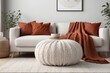 white fabric sofa with blanket and terra cotta pillows Scandinavian hygge style home interior design of modern