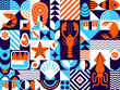 © Buch&Bee - Abstract seafood modern geometric pattern, vector mosaic tile background. Sea food in geometric shapes pattern of fish for sushi, shrimp and salmon with crab and oyster, seafood squid and caviar