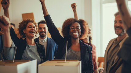 Poster - visual of voters cheering and celebrating after casting their votes