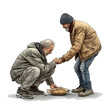 Homeless man receiving food from a volunteer isolated on white background, realistic, png
