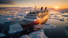 A Modern, White Cruise Ship Sails The Arctic Ocean, Among Ice Floes And Asbergs. Travel And Vacation. En Route.