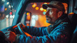 © amila - Portrait of tired truck driver driving in a highway at night, to deliver the cargo on time