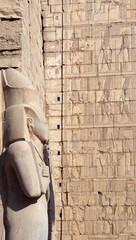 Canvas Print - Pharaoh statue and stone wall with hieroglyphs in Karnak Temple, Luxor. Ancient Rameses II statue in Karnak Temple Complex, Luxor (ancient Thebes), Egypt, North Africa