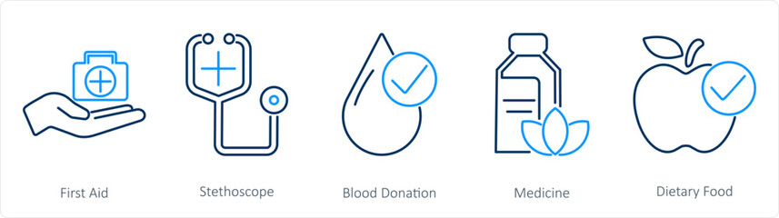 A set of 5 Mix icons as first aid, stethoscope, blood donation