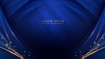 Wall Mural - luxury golden line with blue curve shape, and glitter light effect decoration on dark blue backgroun
