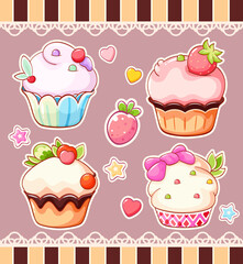 Wall Mural - Set of stickers with cute sweet desserts in kawaii style. Cake, muffin and cupcake with whipped cream, cherry and strawberry. Vector illustration EPS8