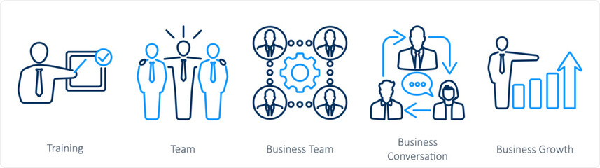 A set of 5 mix icons as training, team, business team