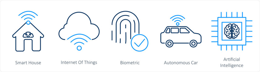 A set of 5 mix icons as smart house, internet of things, biometric