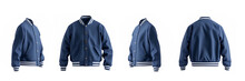 Varsity Jacket Mockup, Blue Navy  White Color Mock Up On Isolated White Background. Parachute Jacket. Front , Side And Back View