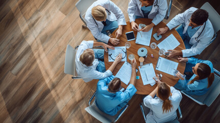 Sticker - Medical team engaged in a discussion around a round table, viewed from a high angle.