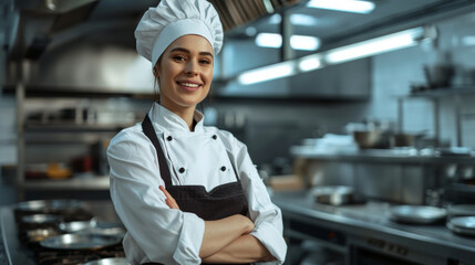 Sticker - smiling woman dressed in a chef's uniform with a white hat and apron stands confidently in a professional kitchen