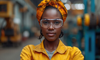 Portrait Black smart African women worker standing happy smiling in factory industry workplace