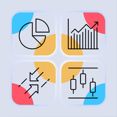 Pie graph set line icon. Finance, company management, enterprise, coins, bank, money, growth and fall. Glassmorphism style. Vector line icon for business and advertising