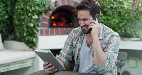 Poster - Man, phone call and restaurant owner on tablet in garden, discussion or talk with smile for deal. Entrepreneur, communication and digital touchscreen with cellphone, networking or contact in backyard