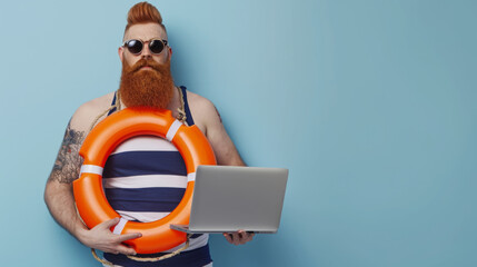 Canvas Print - joyful man with red-dyed hair and a full beard, wearing round sunglasses, a striped tank top, holding a laptop in one hand, and an orange lifebuoy in the other