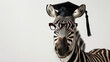 Portrait of zebra wearing a graduation cap and glasses.