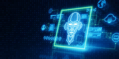 Poster - Glowing ai hologram with icons and robot on dark blue wallpaper. Chat GPT and innovation concept. 3D Rendering.