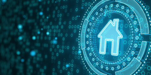 Poster - Creative house hologram on blurry blue circles backdrop. Smart home and innovation concept. 3D Rendering.