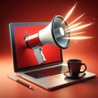 Megaphone on laptop screen, red background