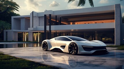 A sleek sports car positioned in front of a luxurious mansion, embodying luxury and high-status living, a representation of opulence and refinement. Generated by AI.