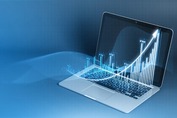 Poster - Close up of laptop with growing business chart hologram on blurry blue background. Corporate future growth plan. 3D Rendering.