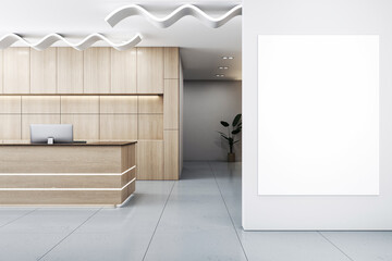 Wall Mural - Sleek modern reception desk with wood accents and wave patterned ceiling. 3D Rendering