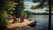 Lakeside retreat featuring a dock for fishing and boating, providing a serene environment for relaxation and leisure. Tranquil ambiance, fishing dock, boating relaxation. Generated by AI.