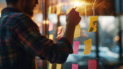 Wall Mural - person in a plaid shirt writing on sticky notes during a brainstorming session.