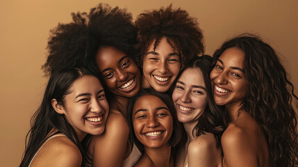 Canvas Print - Smiling women are huddled closely together, portraying a warm, friendly, and diverse group.