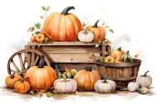 Autumn Harvest Of Pumpkins In Wooden Boxes. Watercolor Illustration