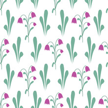 Spring Primroses Bells Seamless Pattern. Floral Background With Hand Drawn Simple Crocuses And Herbs. Botanical Rustic Print For Textile, Paper, Spring And Summer Design, Vector Illustration