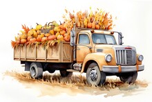 Hand Drawn Watercolor Illustration Of A Truck Full Of Pumpkins.