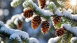 Snow-covered spruce branches adorned with cone by ai generated