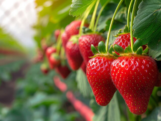 Poster - Bright red strawberries hanging from the plant, ready for picking.