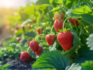 Poster - Bright red strawberries hanging from the plant, ready for picking.