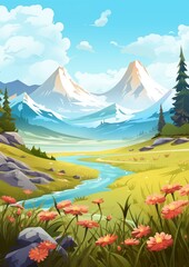 Sticker - Summer Mountains Meadows. Children's book illustration in cartoon style.