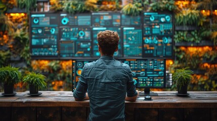 Innovative Developer Engages with Modern Technology in Green Office.