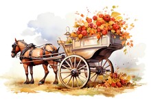 Horse Drawn Carriage With Autumn Leaves And Berries. Watercolor Illustration