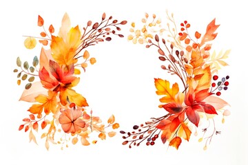 Wall Mural - Watercolor autumn wreath with leaves, branches and berries. Hand painted illustration isolated on white background