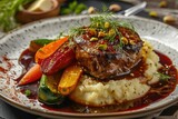 Fototapeta  - Veal Cheeks and Baked Vegetables, Demi Glace Sauce, Mashed Potatoes, Fried Beef