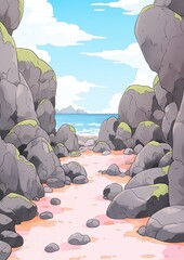 Poster - Rocky Sea Shore. Children's book illustration in cartoon style.