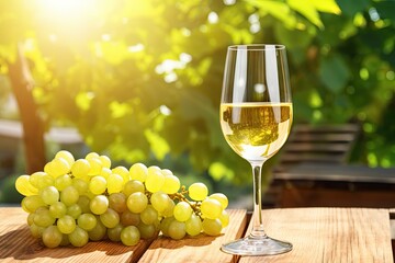 White Wine Glass on Ripe Bunch of Grapes Background in Sunny Day, Wineglass with Drink