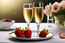 Close-up Crystal Glass Of Champagne With Strawberry On Table With Flowers. Still Life Of Romantic Composition With Champagne And Flower In Dark Living Room. Date Festive Concept. Copy Ad Text Space