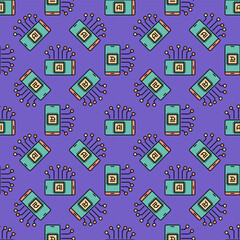 Poster - Artificial Intelligence Smartphone with AI Technology vector colored Seamless Pattern