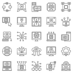 Poster - computer with ai outline icons set - artificial intelligence in pc digital technology concept symbol
