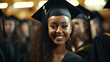 Graduate girl with master degree in black graduation robe and cap happy young woman careerist have success in her business.